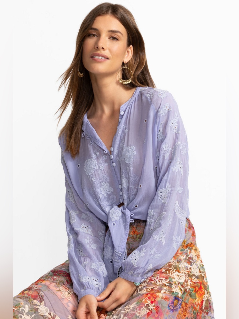 •SOLD•JOHNNY WAS Floral-Embroidered LongSleeve Button-Down Tunic Blouse•SOLD•
